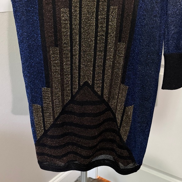 French Connection Long Sleeve Dress in Blue and Gold - Picture 3 of 6